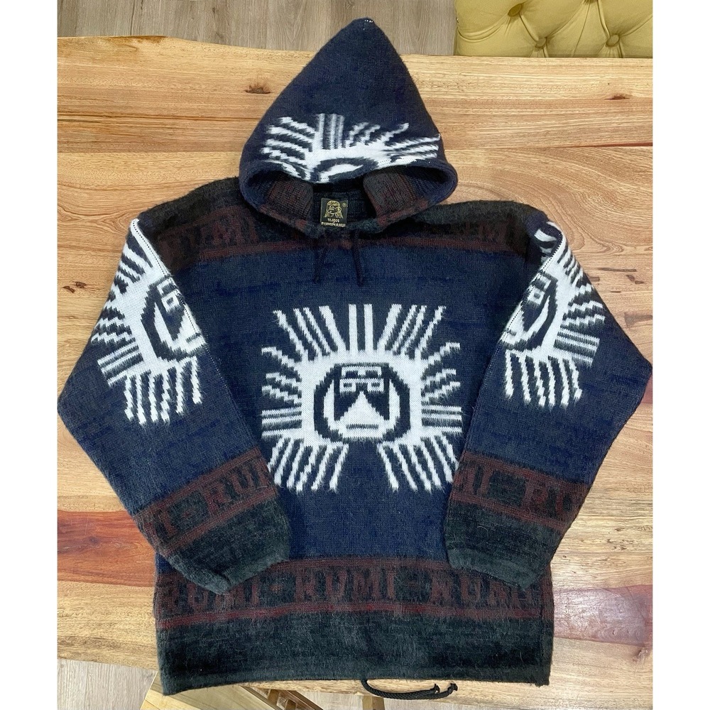 Vintage Tejidos Ruminahui Ecuadorian Wool Sun God Hooded Sweater Mens L Boxy - Picture 1 of 7